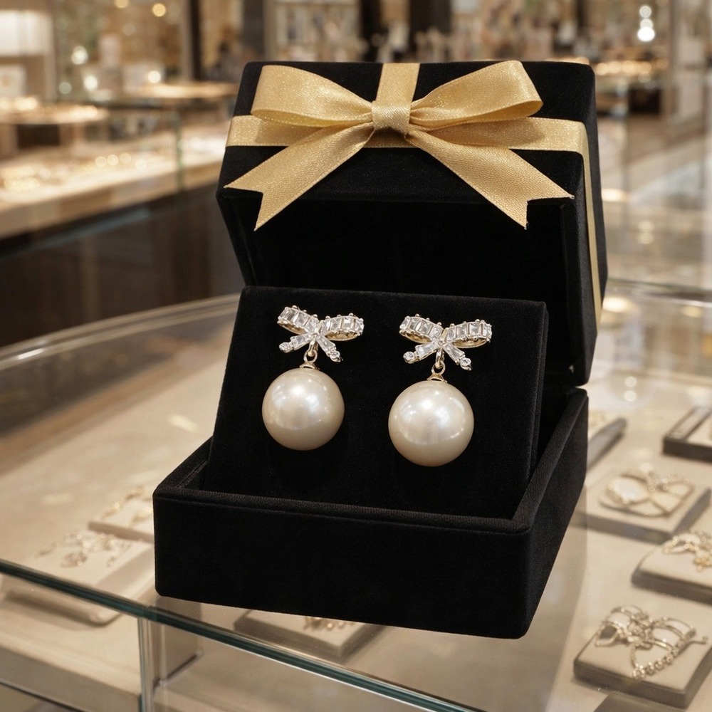 Womens‎ Pearl Bow Drop Earrings Gold Tone Crystal Ribbon Bridal Wedding Jewelry
